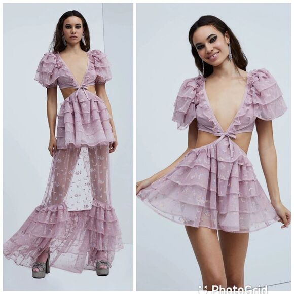 NEW For Love and Lemons Imani Chiffon Convertible Mini Maxi Dress Lilac Small - Picture 1 of 14